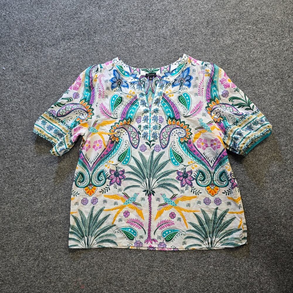 Talbots Top Womens XL White Pink Floral Short Sleeve Popover Boxy Lightweight